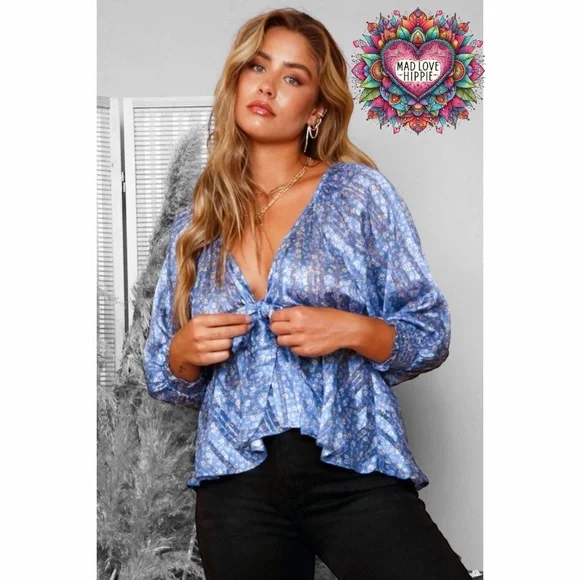 Peach Love Blue Satin Floral Deep V Neck Bow Front Blouse - Picture 5 of 7